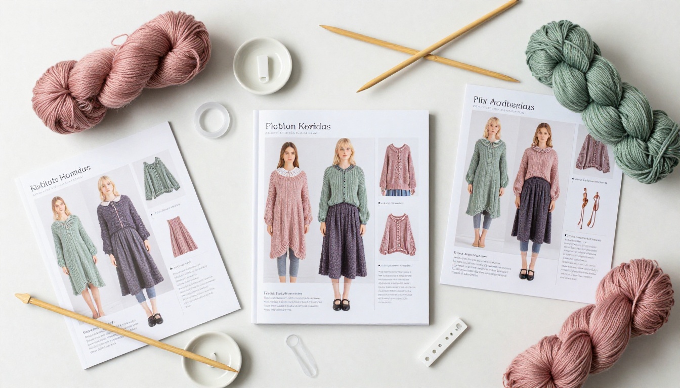 Handcrafted knitting patterns flat lay on marble surface with yarn skeins and bamboo needles