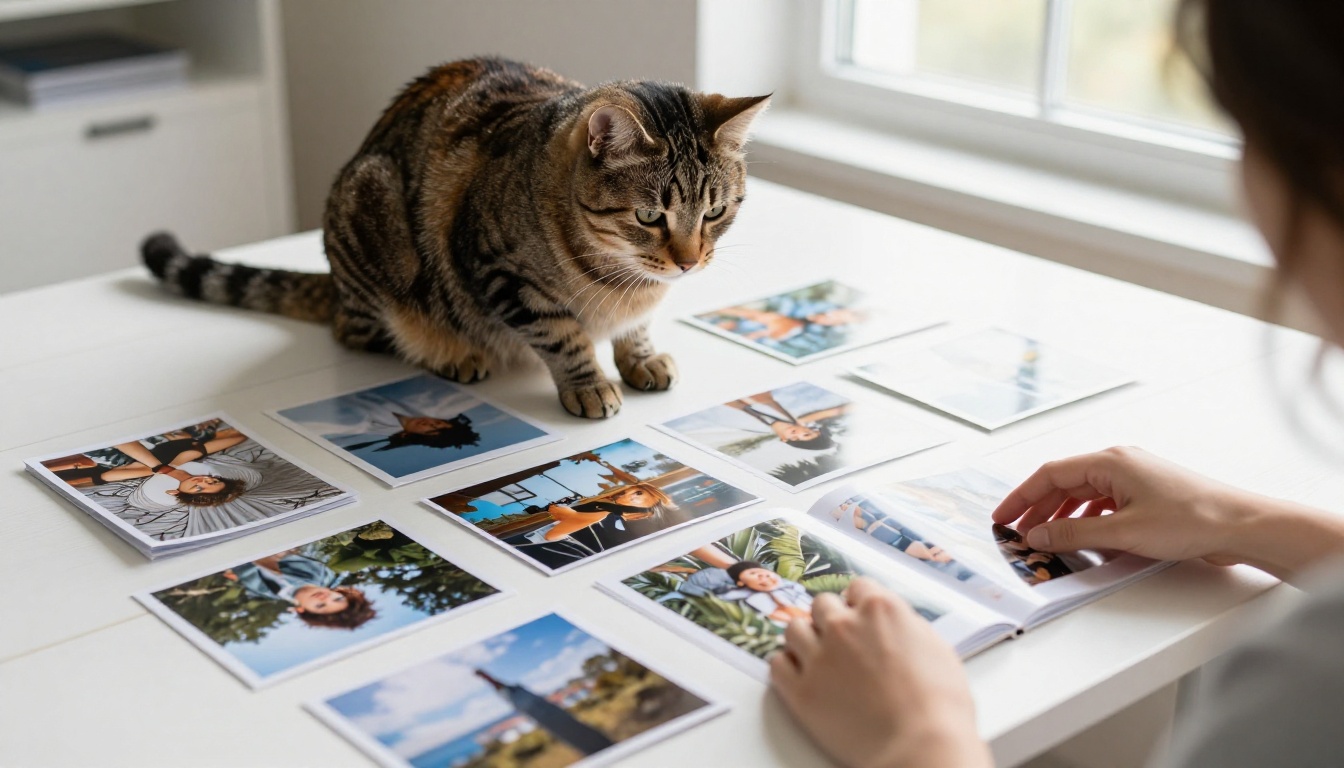 Organizing pet photos on a desk with a cat nearby