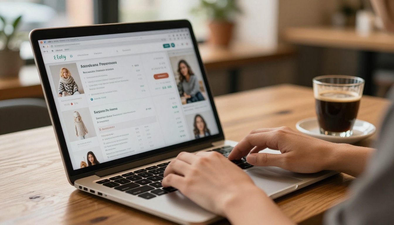 Woman's hands typing on silver laptop at wooden cafe table showing online shop dashboard