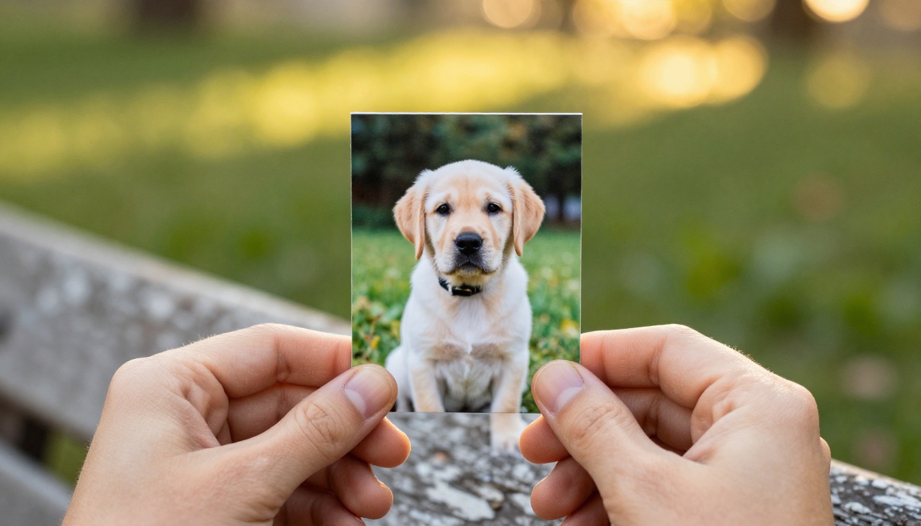 Close-up of hands holding a printed pet photo in a garden