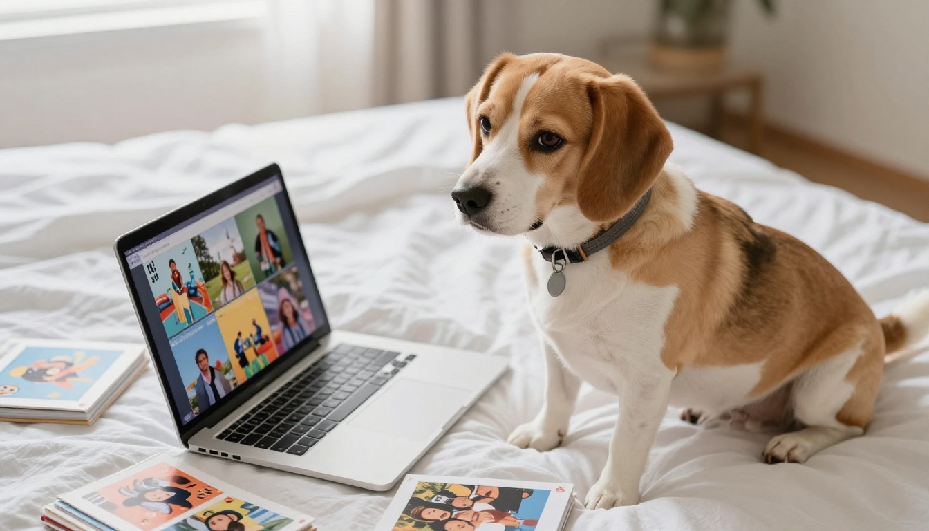 Beagle on a white bed beside a laptop showing a digital flipbook interface