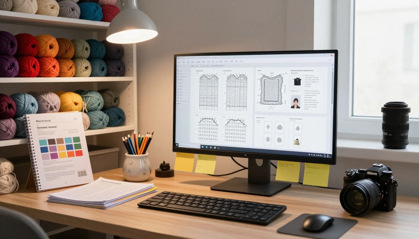 Organized home office workspace with knitting pattern PDF open on large monitor, yarn skeins on shelves