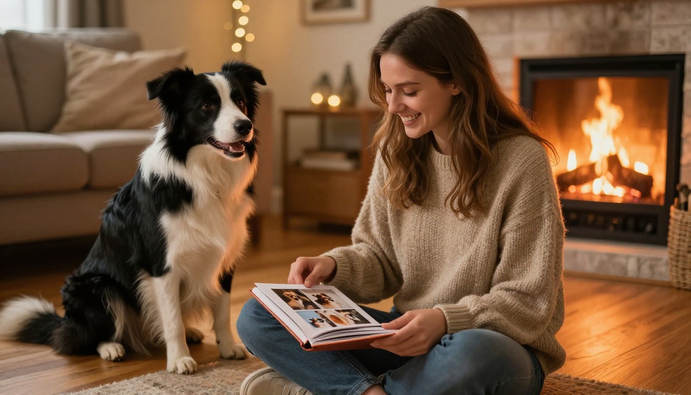 Woman sitting on floor flipping through pet photo album with her border collie