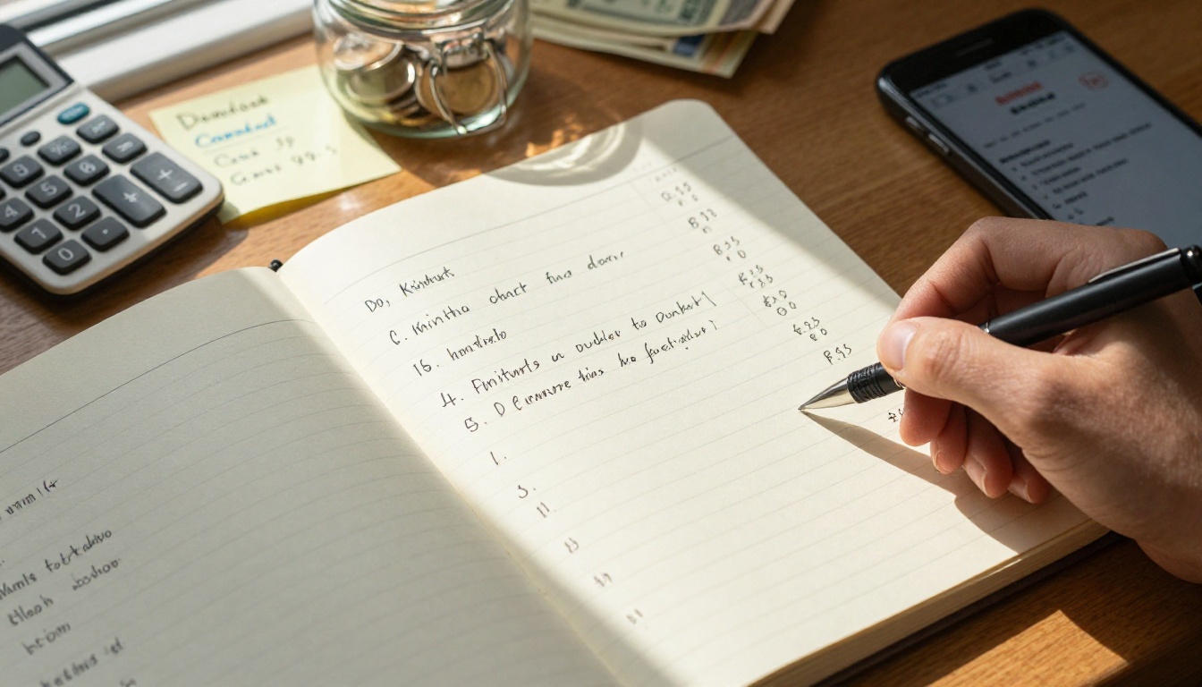 Close-up of handwritten pricing notebook with calculator and sales notes on a warm wooden desk