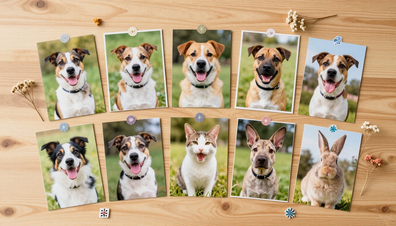 Flat lay of curated pet photos arranged on a wooden table with flowers