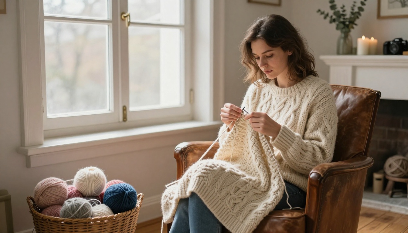 Woman knitting chunky cable-knit sweater in leather armchair beside morning window with warm light