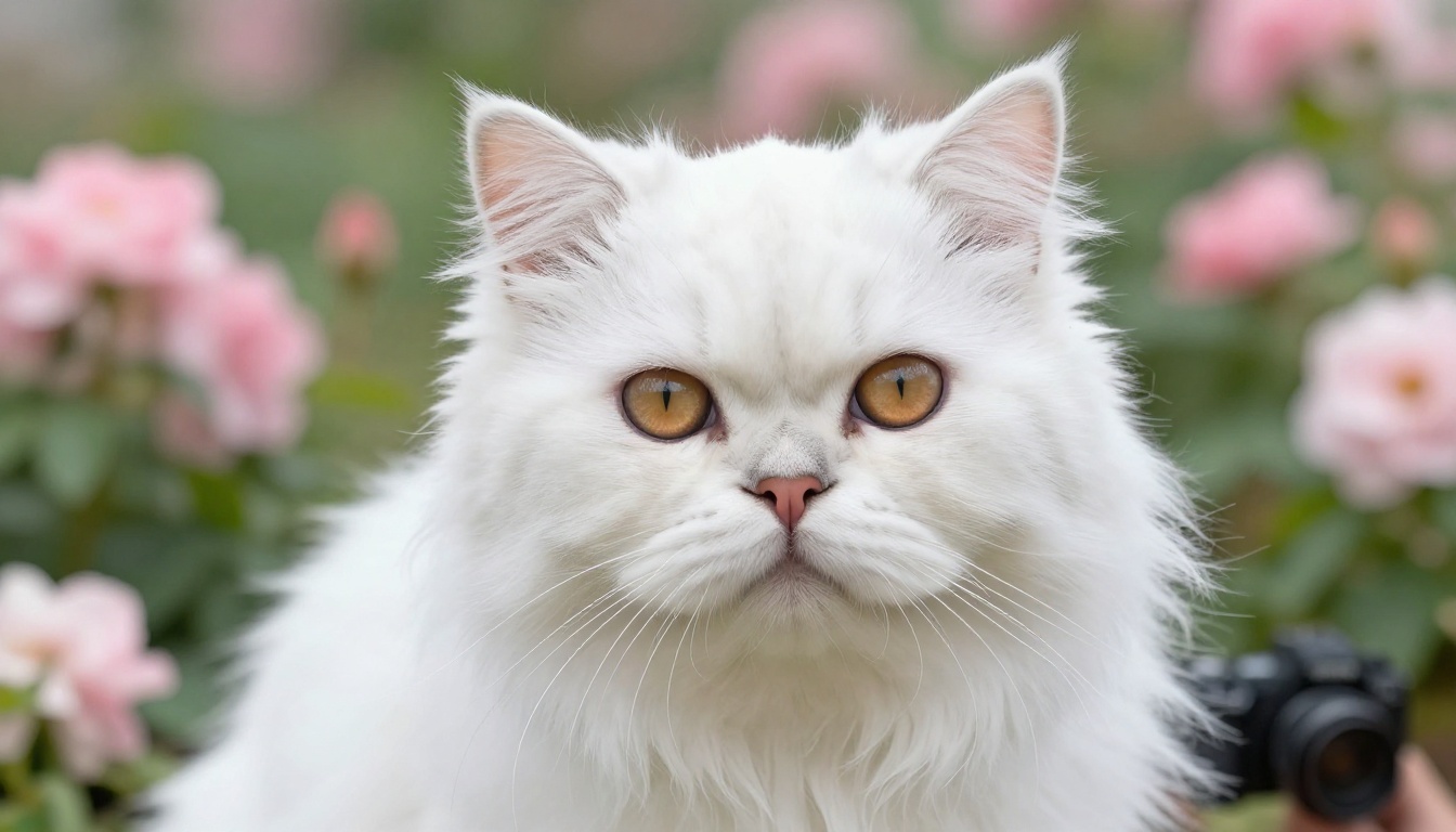 White Persian cat in a garden being photographed by someone with a DSLR