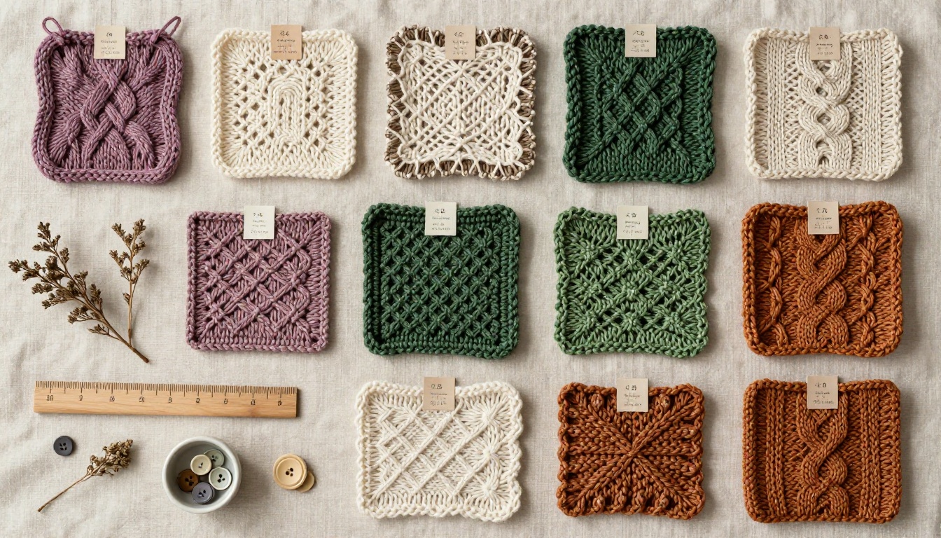 Aerial overhead view of multiple finished knitting swatches in varied stitch patterns on rustic linen tablecloth Aerial overhead view of multiple finished knitting swatches in varied stitch patterns on rustic linen tablecloth