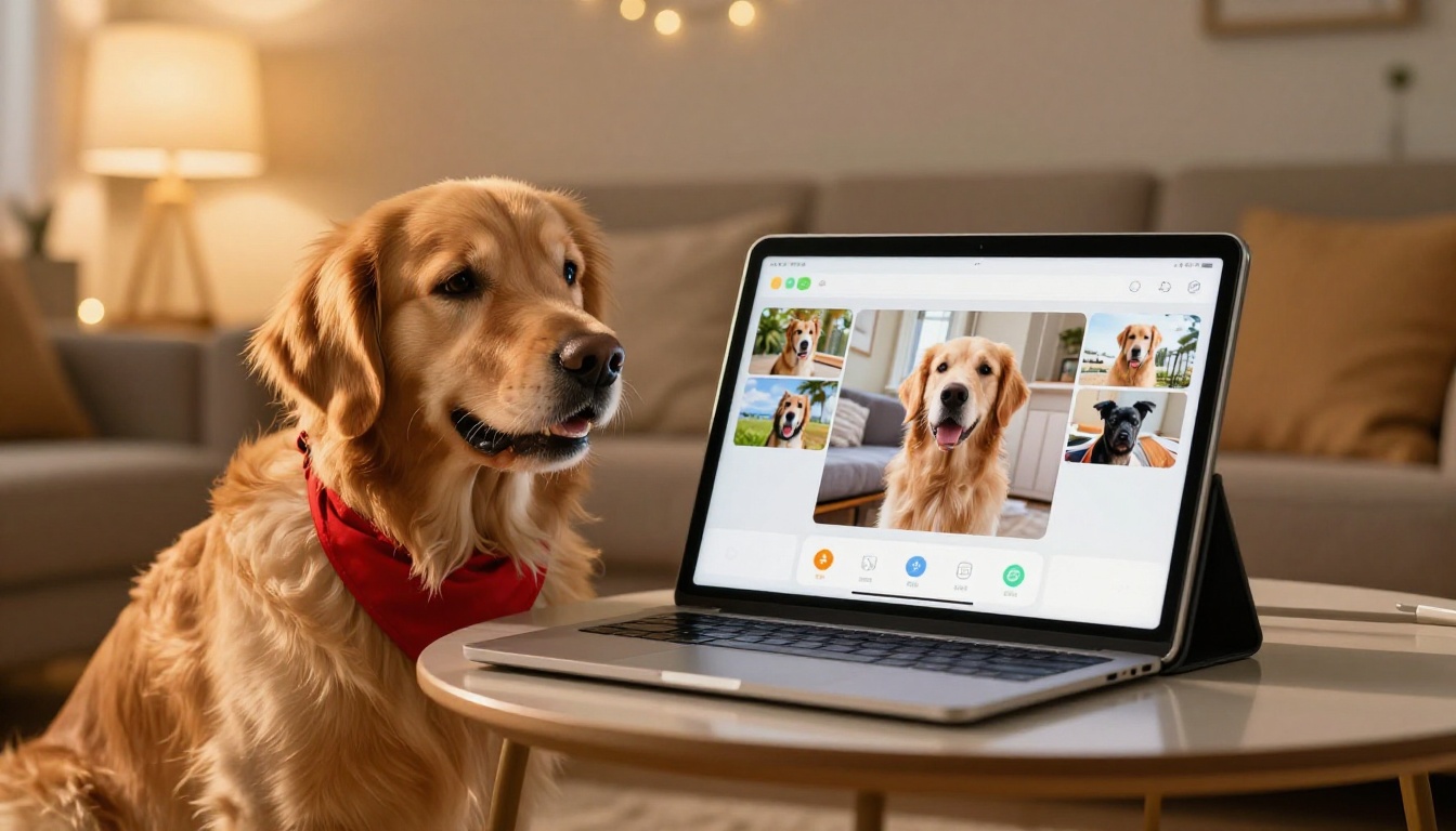 Golden retriever with a red bandana sitting beside a tablet showing a colorful digital photo album
