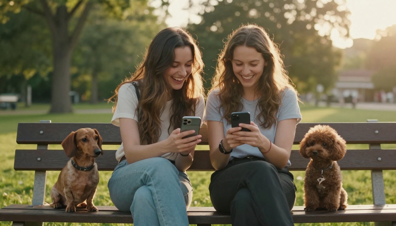 Two women laughing while viewing pet photos on a smartphone in a park with dogs at their feet