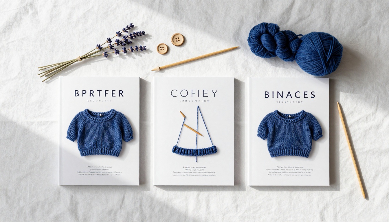 Beautiful flat lay of three professional knitting pattern booklets on white linen tablecloth with lavender and wooden buttons Beautiful flat lay of three professional knitting pattern booklets on white linen tablecloth with lavender and wooden buttons