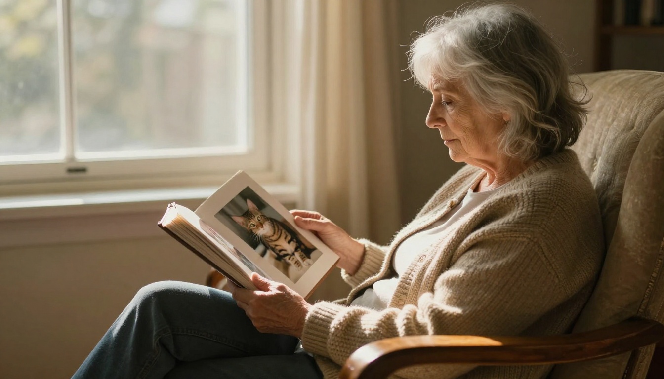 Older woman with silver hair sitting by window holding a pet photo album with a nostalgic expression