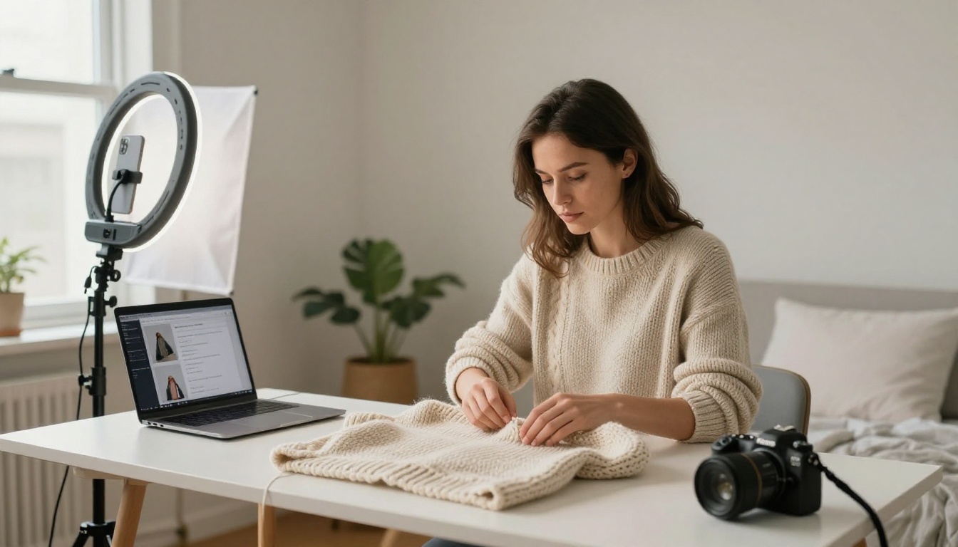Woman photographing finished hand-knit sweater for online shop listing using smartphone and tabletop tripod Woman photographing finished hand-knit sweater for online shop listing using smartphone and tabletop tripod
