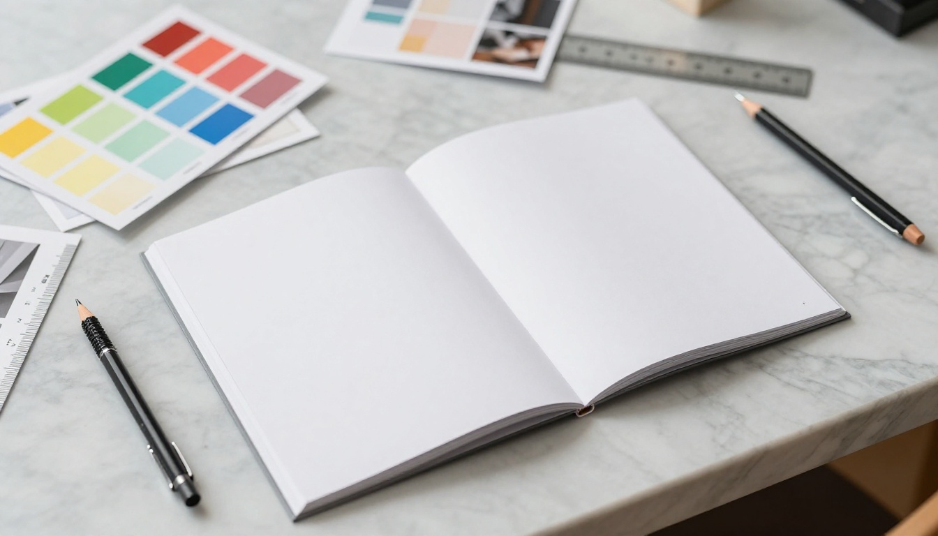 A designer's workspace with a printed PDF portfolio open on a marble desk surrounded by design tools in diffused daylight