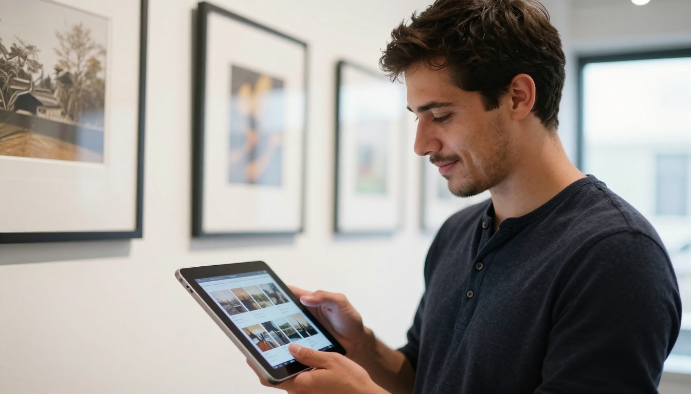 A photographer holding a tablet displaying a digital portfolio flipbook standing beside a gallery wall with framed fine-art prints