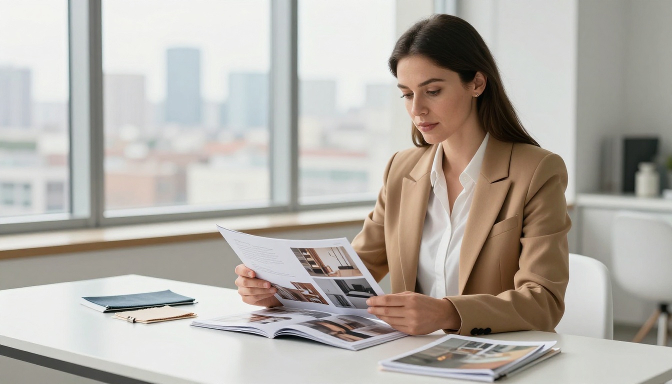 A stylish interior designer seated at a Scandinavian desk holding an open portfolio booklet with a blurred city skyline behind her