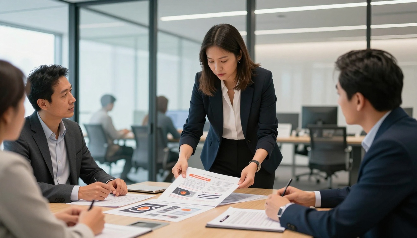 An art director presenting oversized printed portfolio pages to two colleagues in a glass-walled modern office