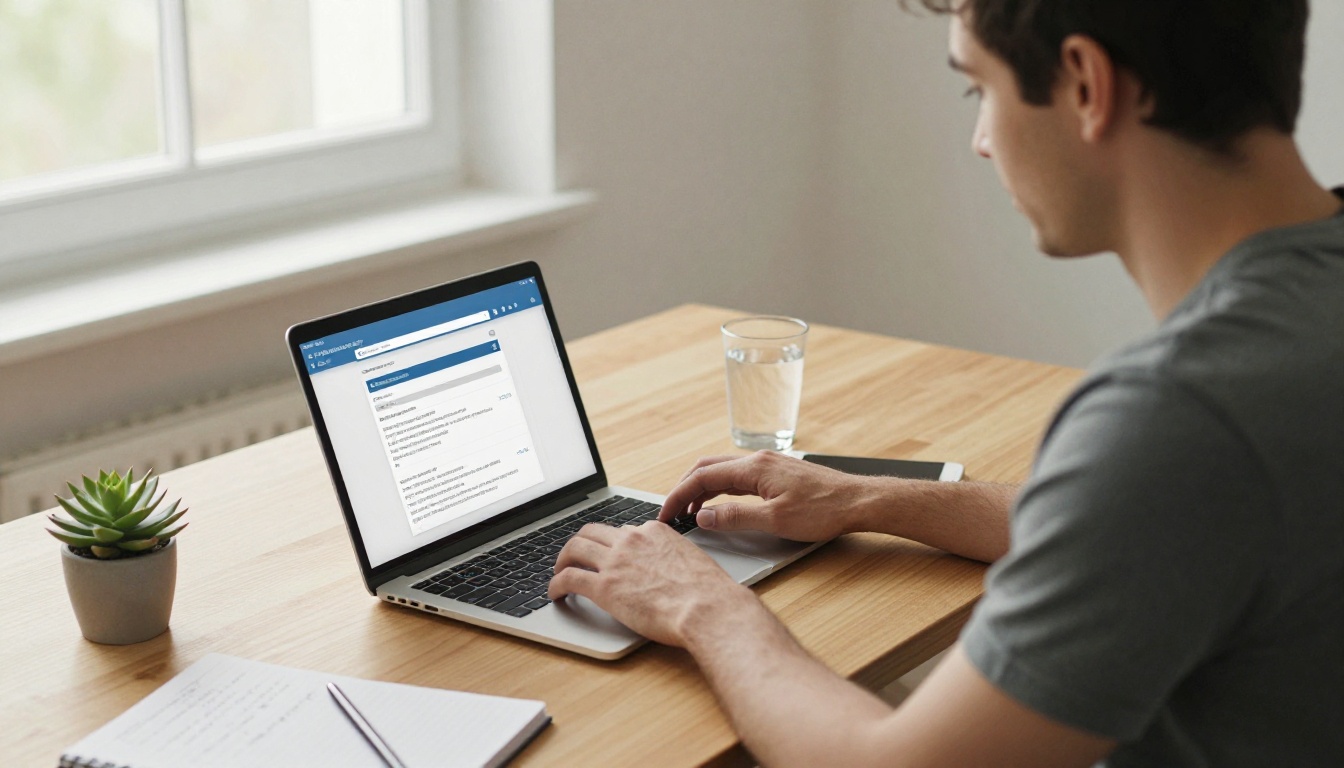 A freelance graphic designer sending an email from a bright home studio with a portfolio PDF attachment visible on screen