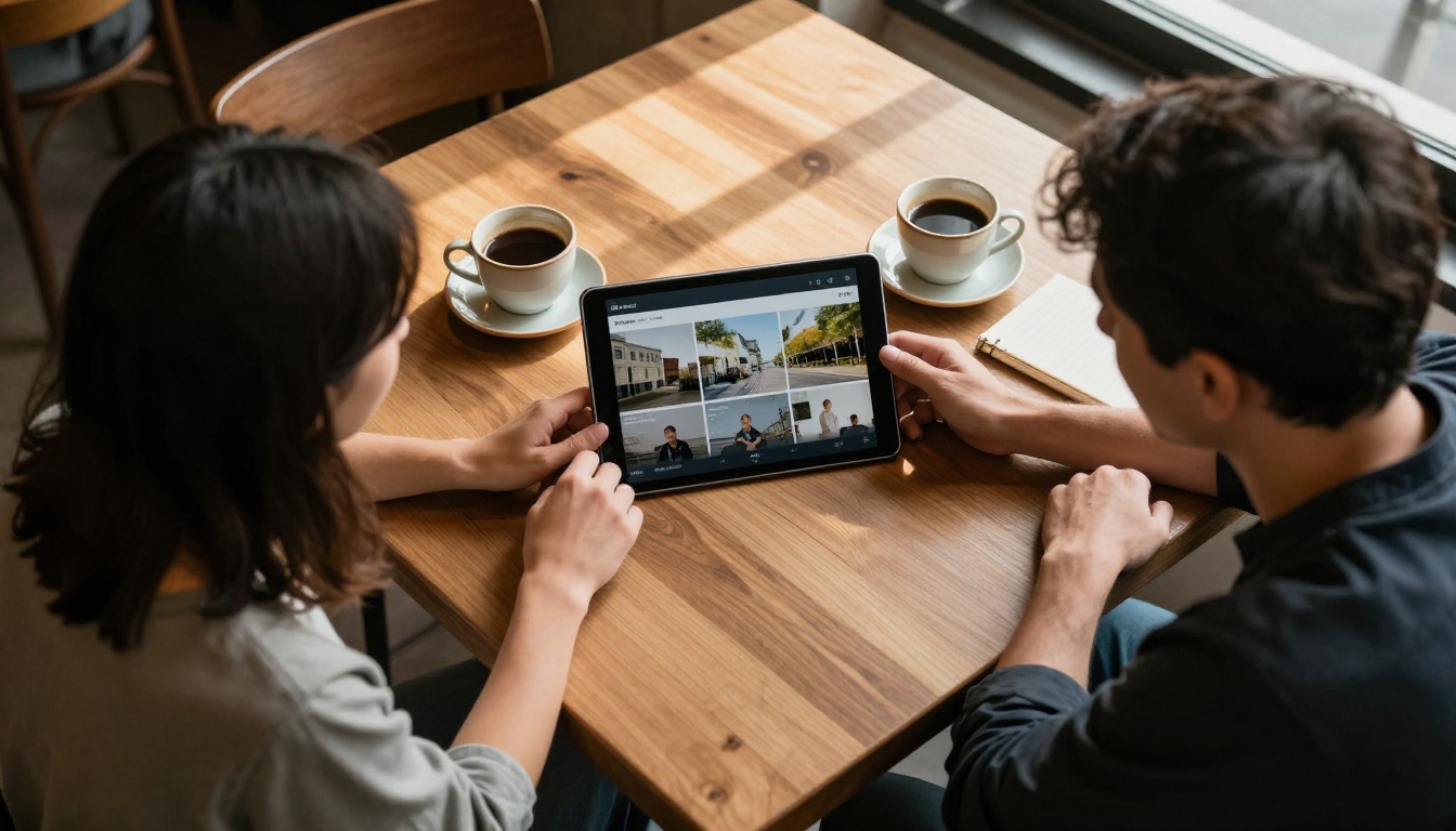 Two people reviewing a digital portfolio flipbook on a tablet at a wooden cafe table, shot from directly overhead