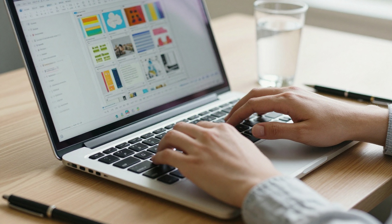 Hands typing on laptop with PDF presentation slides open on screen