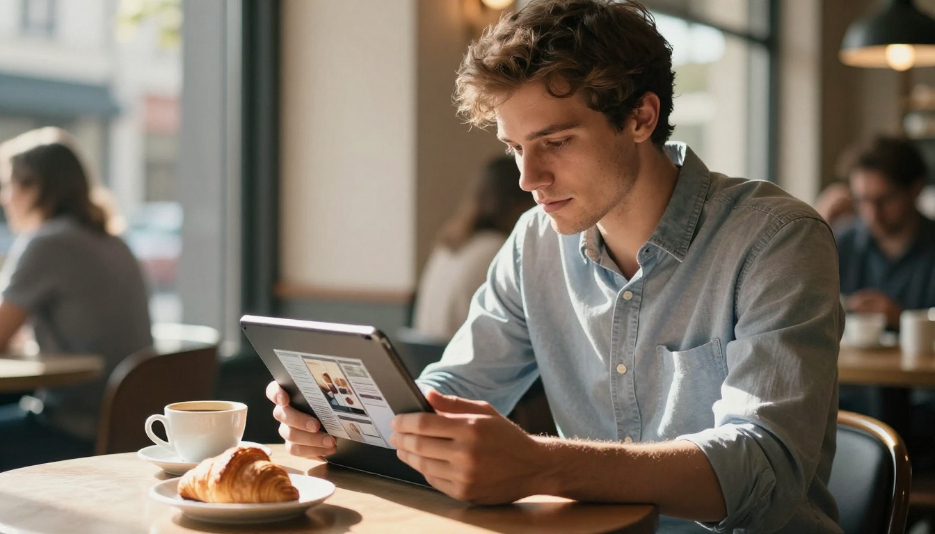 Young professional viewing interactive flipbook on tablet at a café