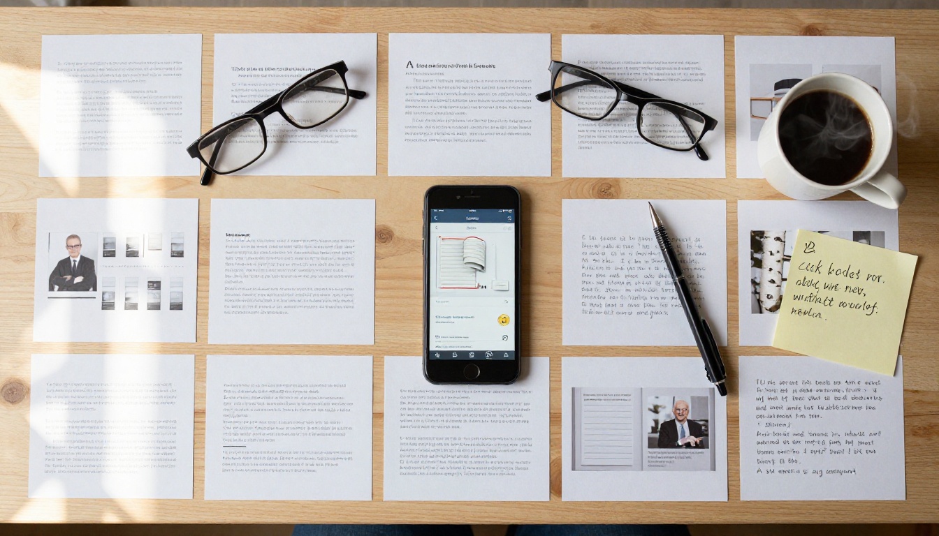 Aerial overhead view of desk with printed presentation slides and smartphone showing flipbook interface