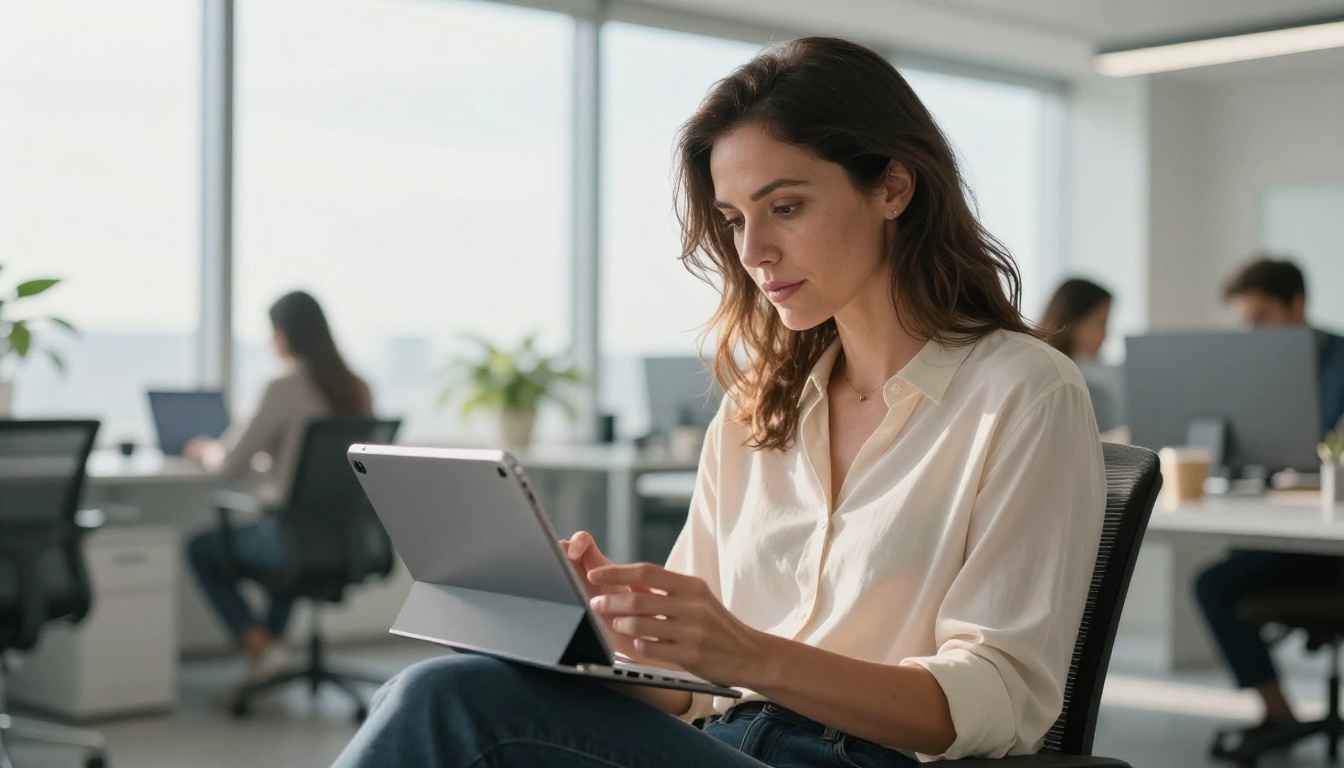 Woman in bright modern office reviewing a digital flipbook on iPad