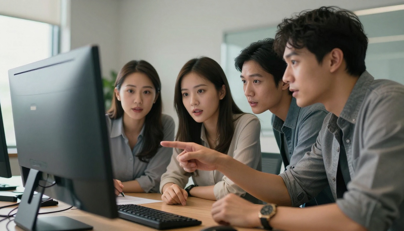 Three business colleagues gathered around a monitor viewing an interactive flipbook presentation