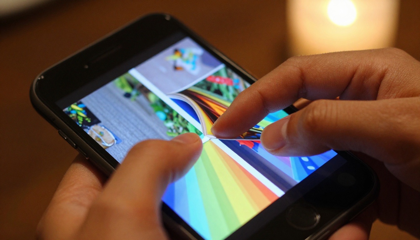 Close-up of smartphone screen showing page-turning flipbook animation