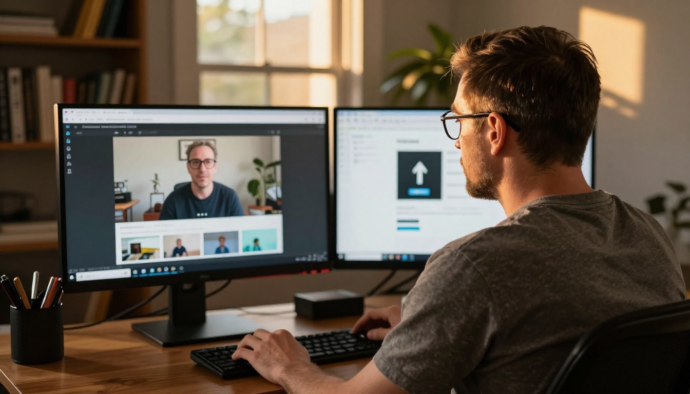 Man at home office converting webinar slides on dual-monitor setup
