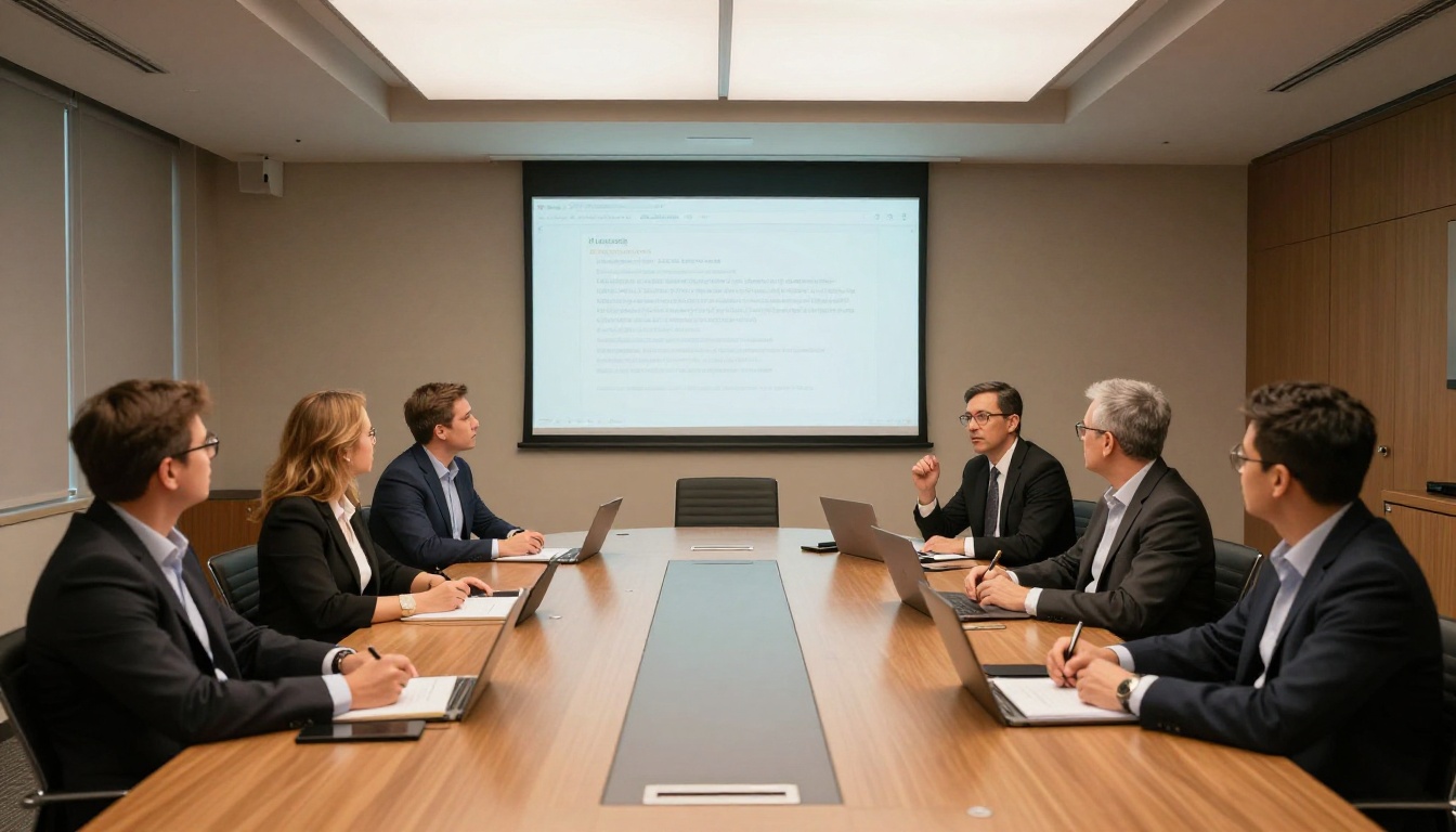 Wide corporate conference room with team viewing a presentation on the main screen