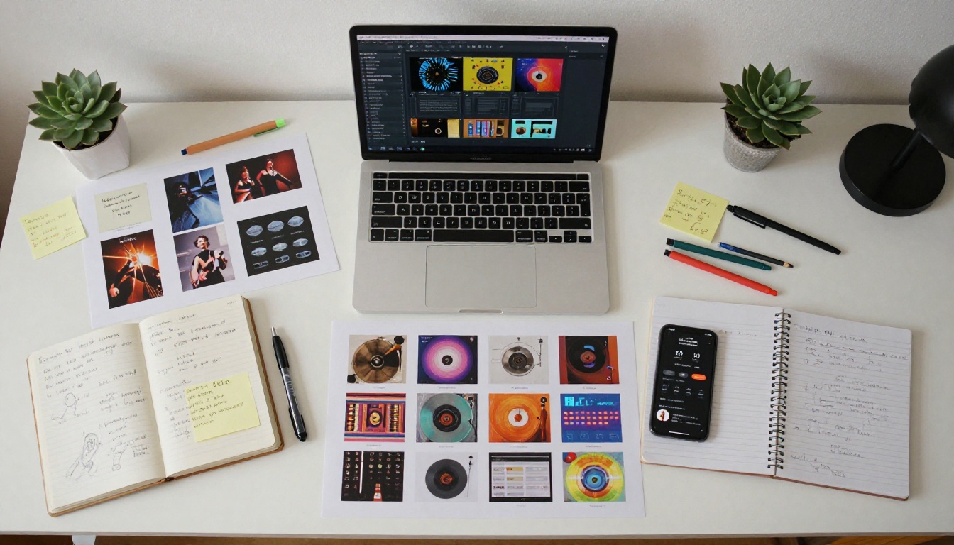 Top-down view of album marketing desk with flipbook interface open