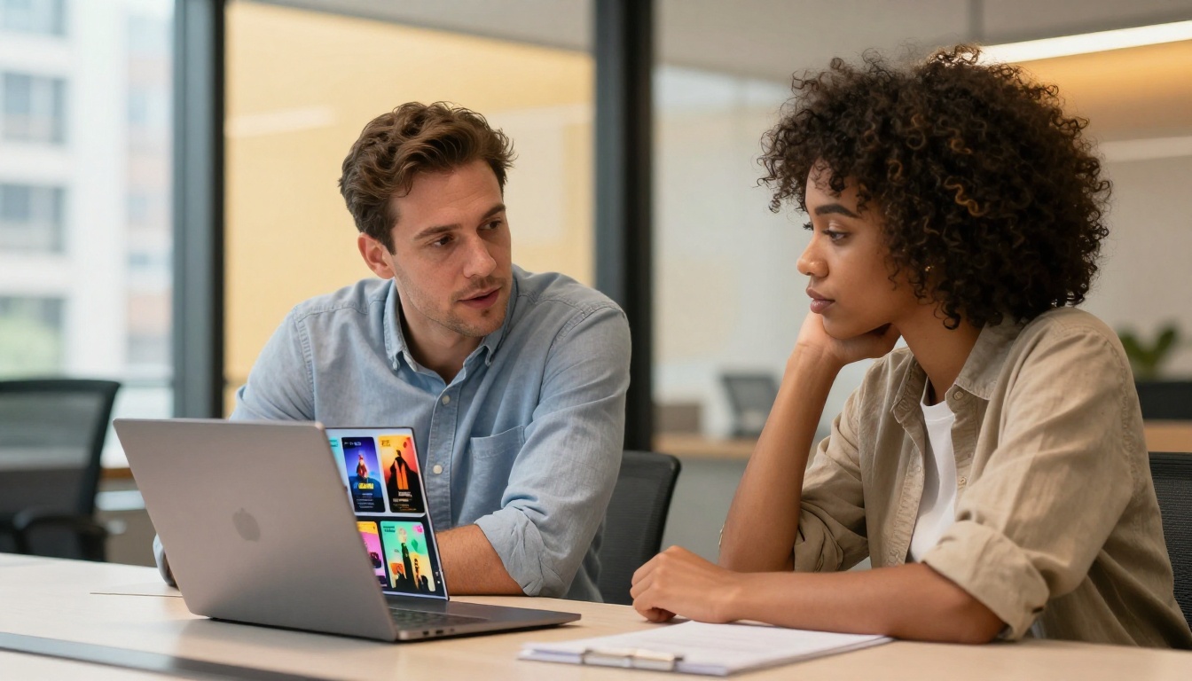Music industry professionals in a meeting reviewing flipbook album strategy
