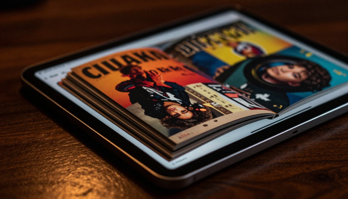 Tablet displaying interactive album flipbook with pages caught mid-turn Tablet displaying interactive album flipbook with pages caught mid-turn
