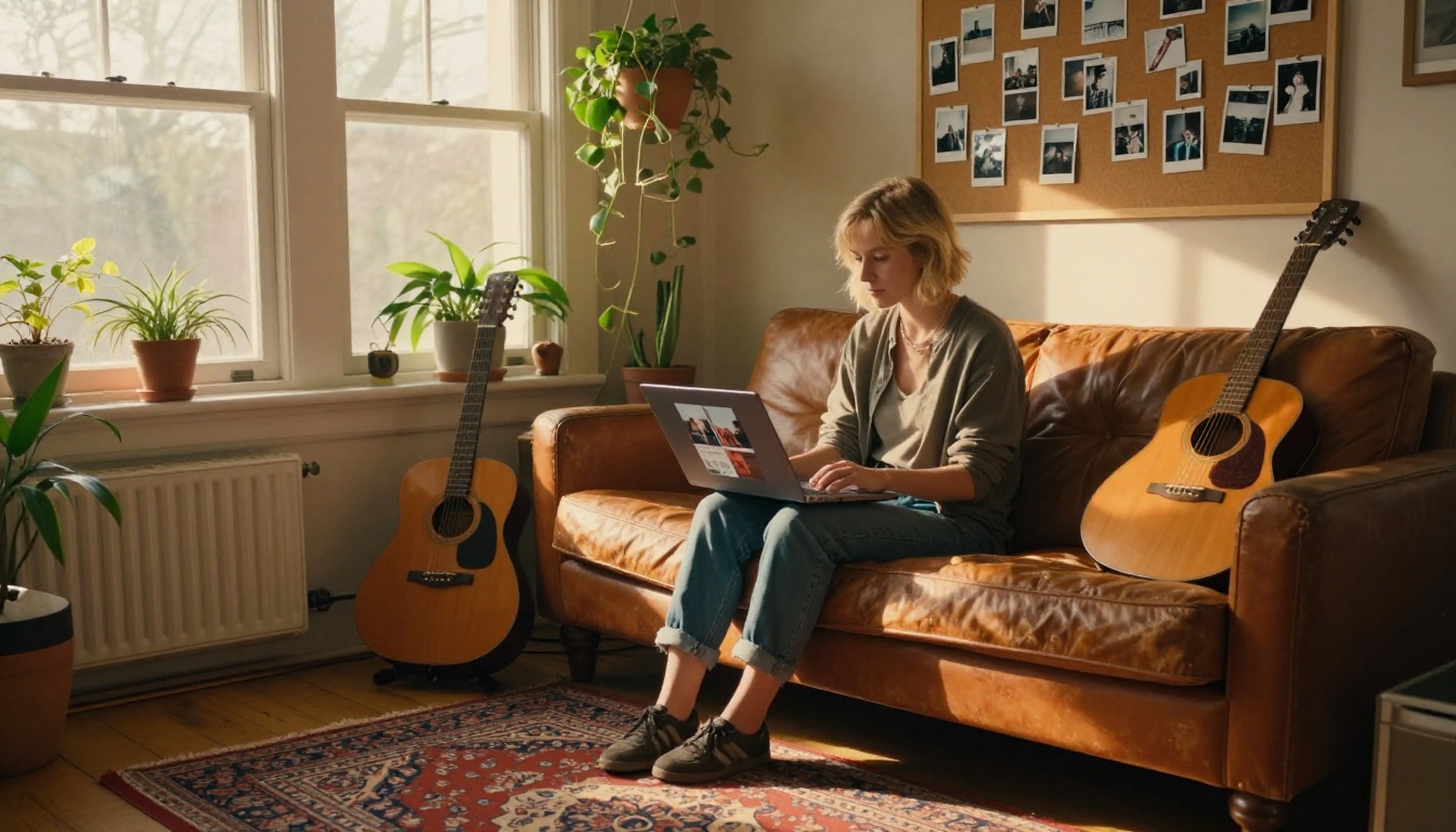 Singer-songwriter reviewing album flipbook on laptop in home studio Singer-songwriter reviewing album flipbook on laptop in home studio