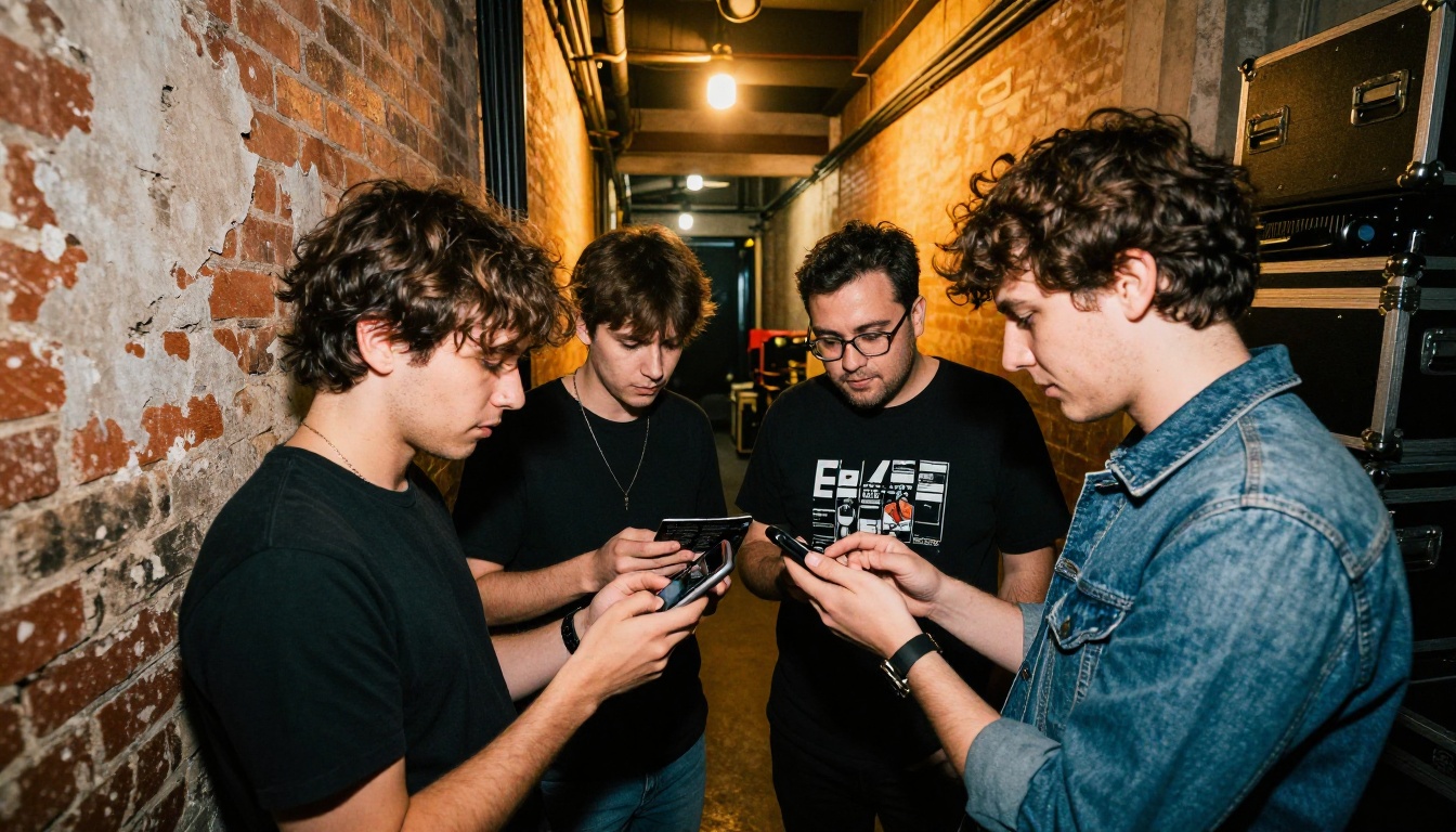 Band backstage reviewing their digital press kit flipbook together
