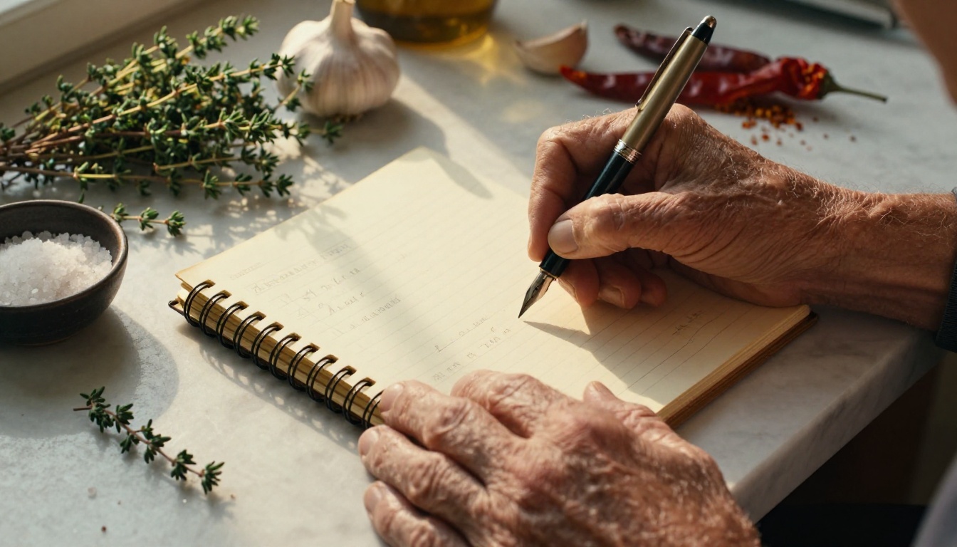 Elderly hands writing a family recipe with a fountain pen in a worn notebook, surrounded by fresh thyme and sea salt on a rustic marble countertop, warm golden afternoon light