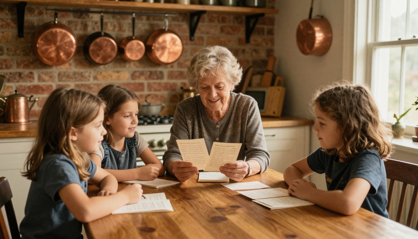 A multigenerational family gathered around a warm kitchen table, grandmother sharing handwritten recipe cards with grandchildren, warm golden hour sidelight from a window