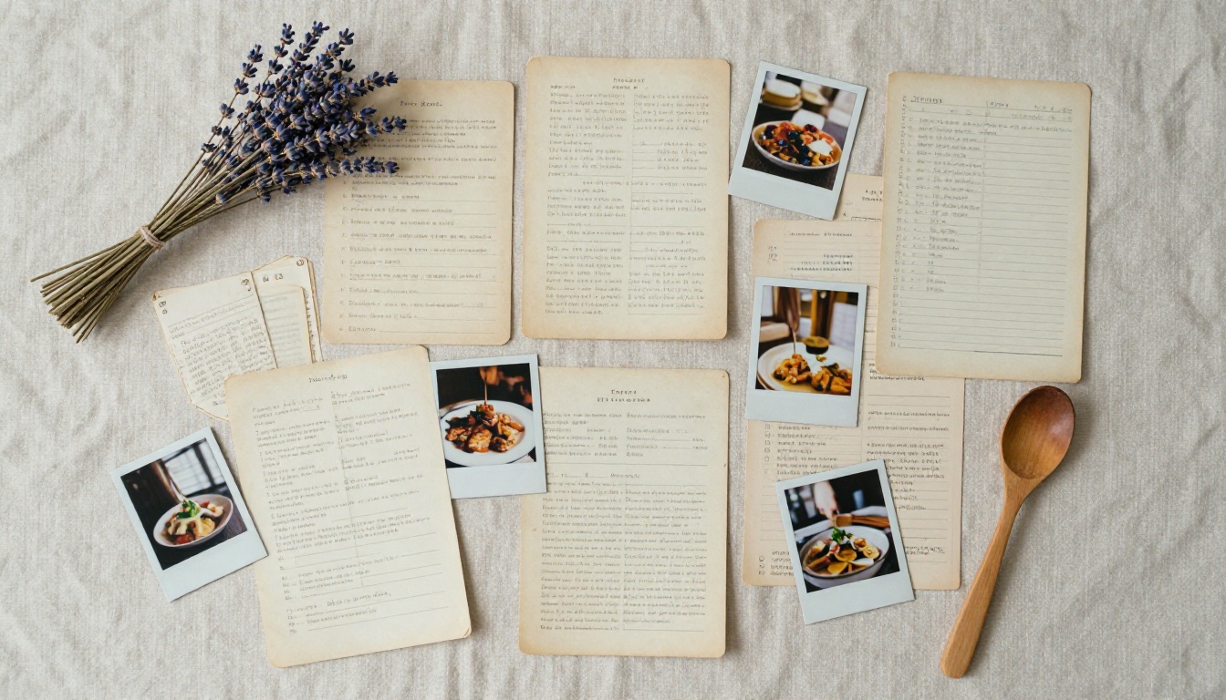 Flat lay aerial view of vintage recipe cards, polaroid food photos, dried lavender sprigs, and a wooden spoon arranged artistically on a natural linen tablecloth, even diffused daylight