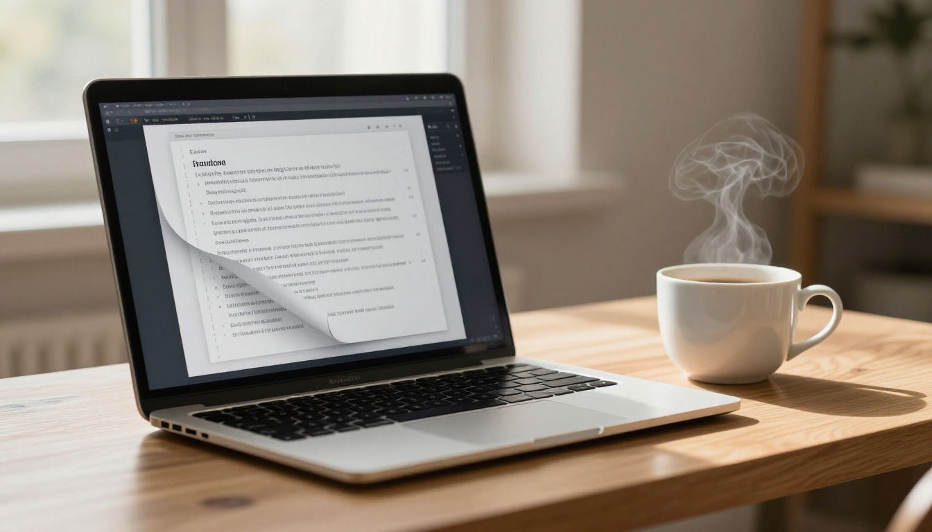 A MacBook on a light oak desk displaying a digital flipbook recipe interface with a page curl effect, ceramic coffee cup beside it, soft warm morning window light
