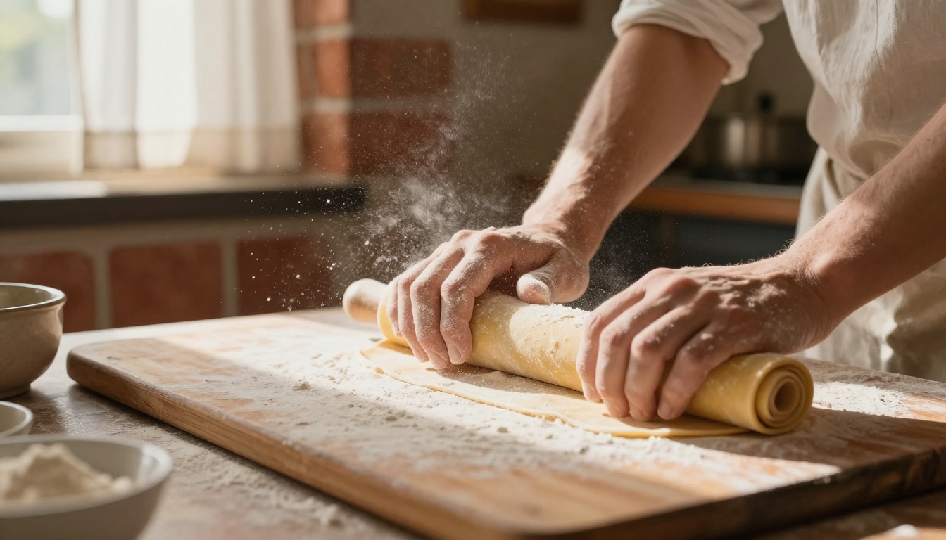 Fresh homemade pasta sheets being rolled by flour-dusted hands on a worn wooden board, flour dust particles suspended in warm afternoon light, rustic kitchen with exposed brick