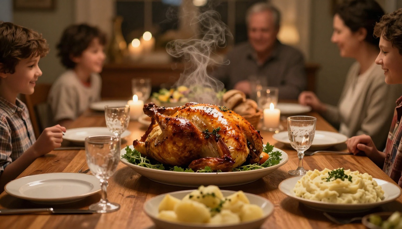 A beautifully styled farmhouse dining table with traditional family dishes, golden roast chicken and sides, warm candlelight and bokeh silhouettes of family members in the background