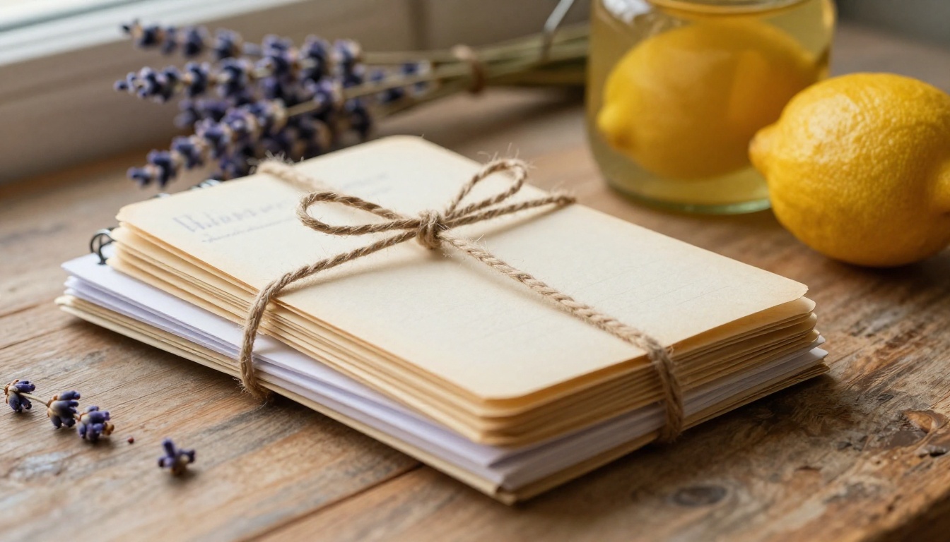 A charming close-up of stacked vintage recipe cards and notebooks tied with kitchen twine, beside a jar of preserved lemons and dried lavender on aged oak, soft diffused window light