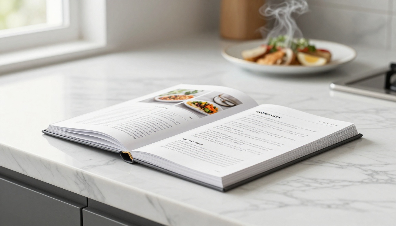 A recipe book open on a white marble kitchen counter showing an elegantly typeset recipe page, out-of-focus plated dish in the background with steam rising, bright natural window light