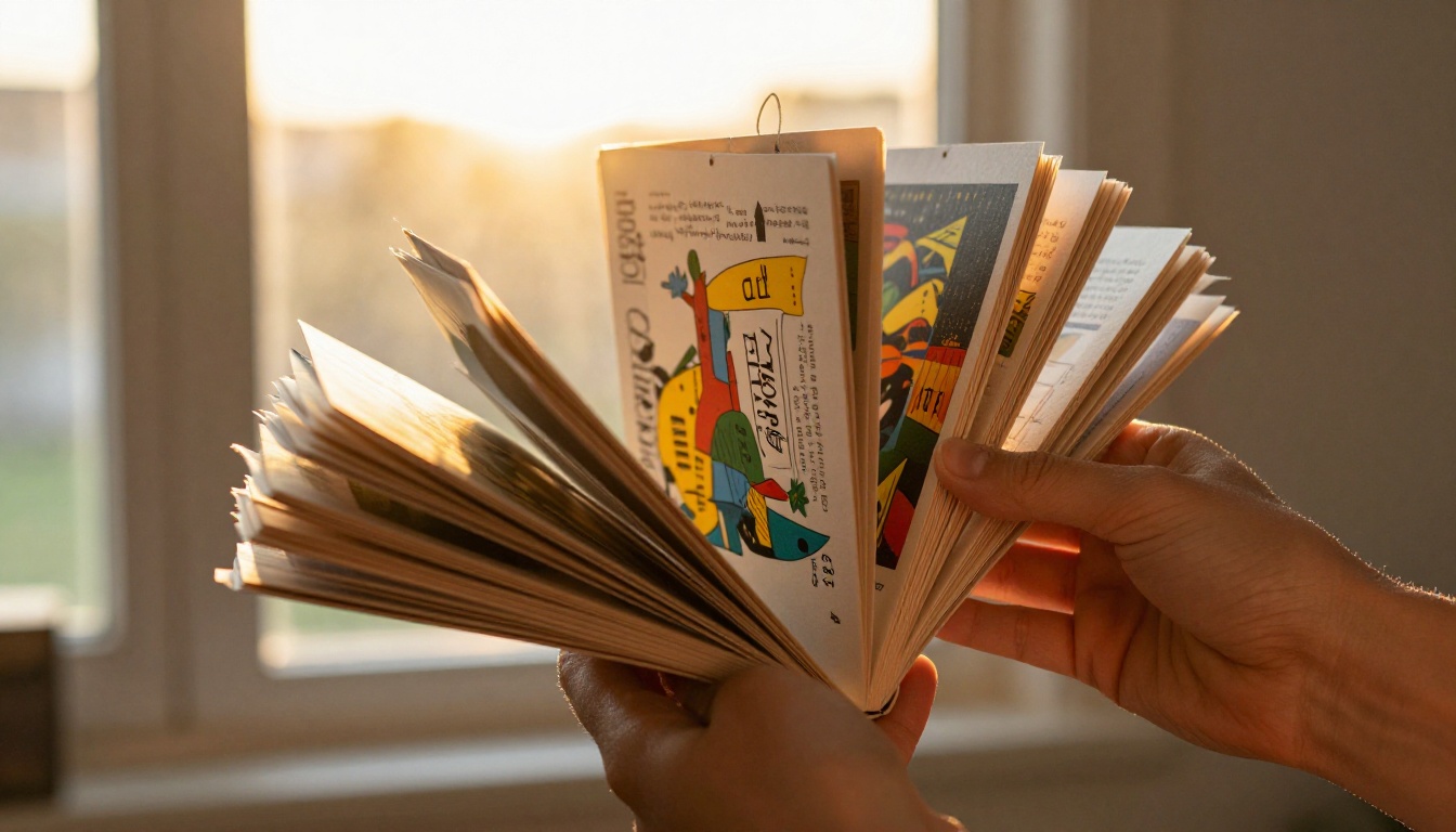 Handmade physical flipbook mid-flip showing colorful pages fanning out