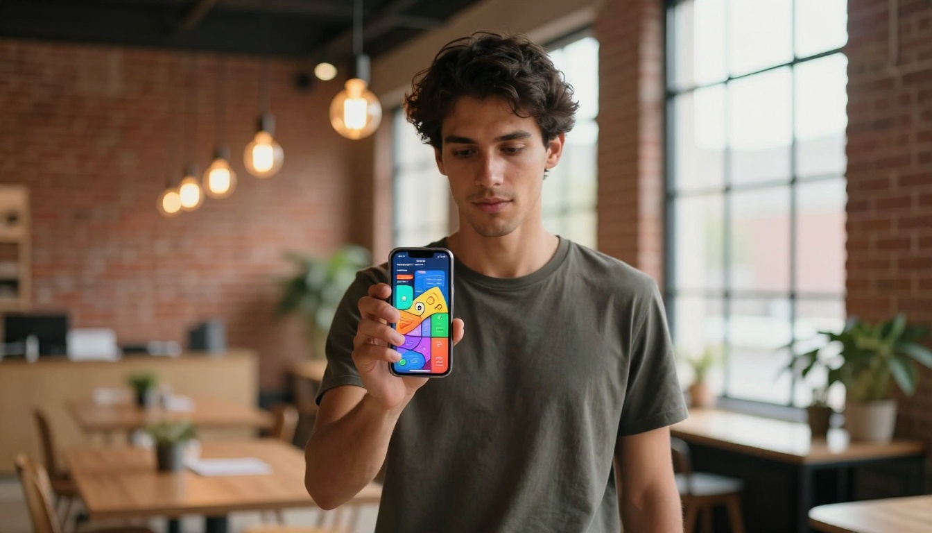 Professional man sharing a digital flipbook on his smartphone in a co-working space