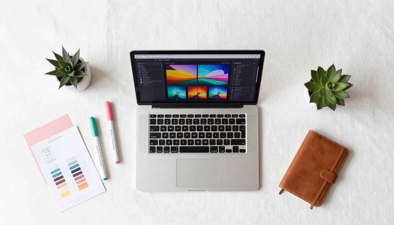 Aerial flat lay of a creative design workspace with MacBook and colored markers