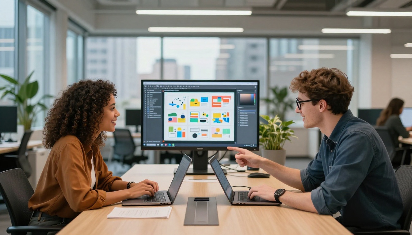 Two creative professionals collaborating on a flipbook design at a shared monitor