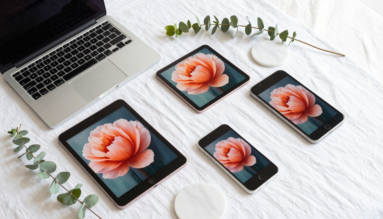 MacBook, iPad, and iPhone all showing the same flipbook design in a styled flat lay