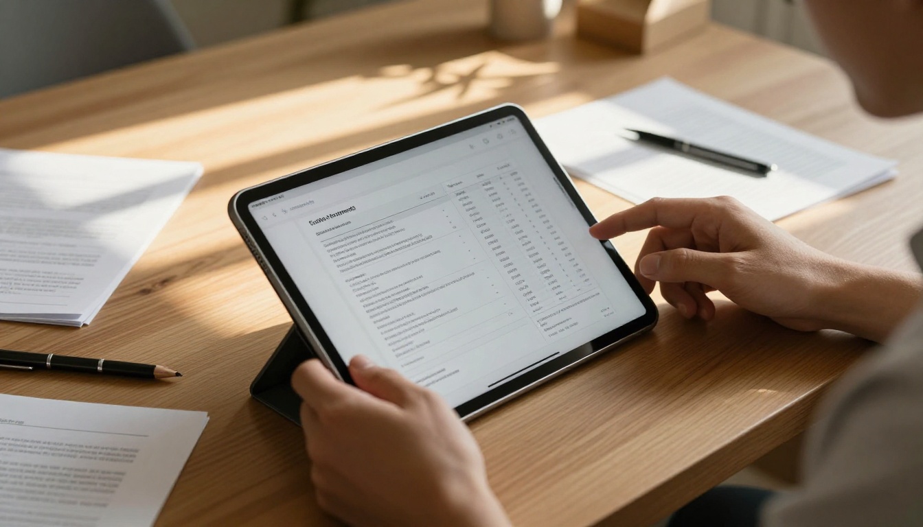 A freelance designer reviewing a quote document on a tablet at a wooden desk